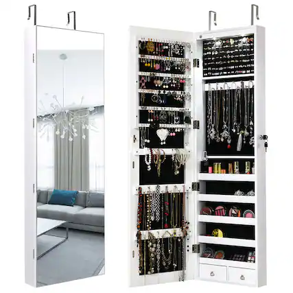 Front. Costway - Mirrored Jewelry Cabinet Jewelry Organizer w/2 LED Lights White - White.