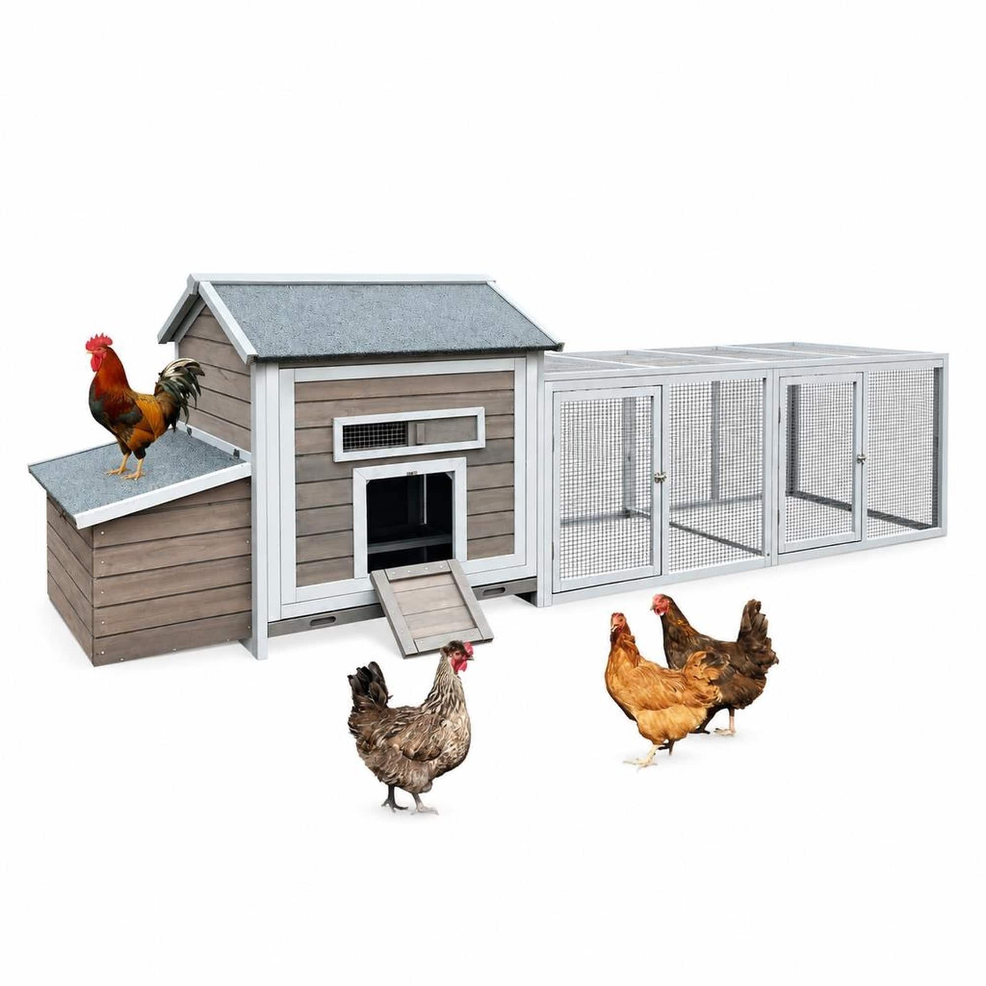RYHNUYNE - 114 in Wooden Chicken Coop, Outdoor Run, Nesting Box, Lockable Doors, Ramp, 19.6 sq ft
