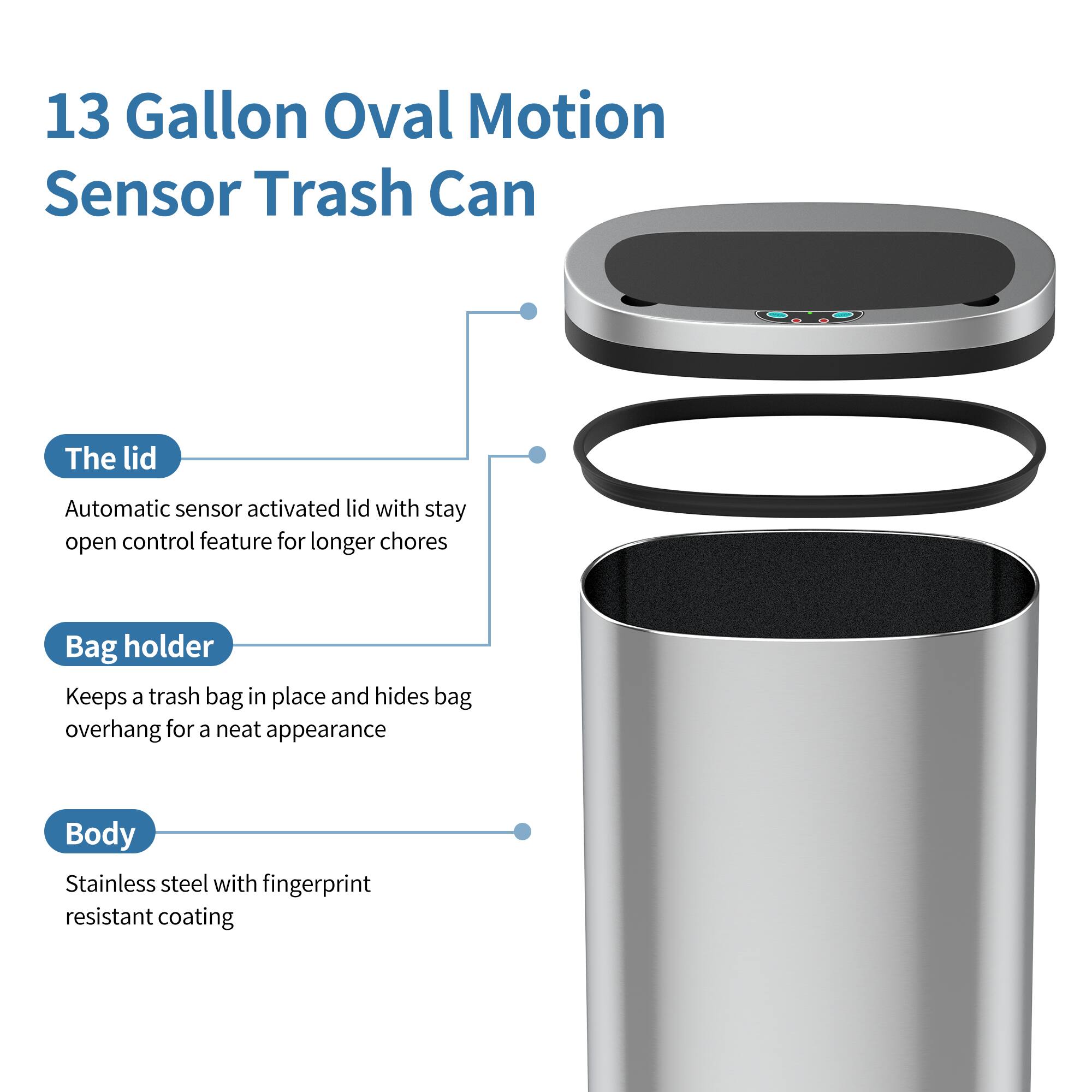 13 Gallon Oval Motion Sensor Trash Can

The lid
Automatic sensor activated lid with stay open control feature for longer chores

Bag holder
Keeps a trash bag in place and hides bag overhang for a neat appearance

Body
Stainless steel with fingerprint resistant coating