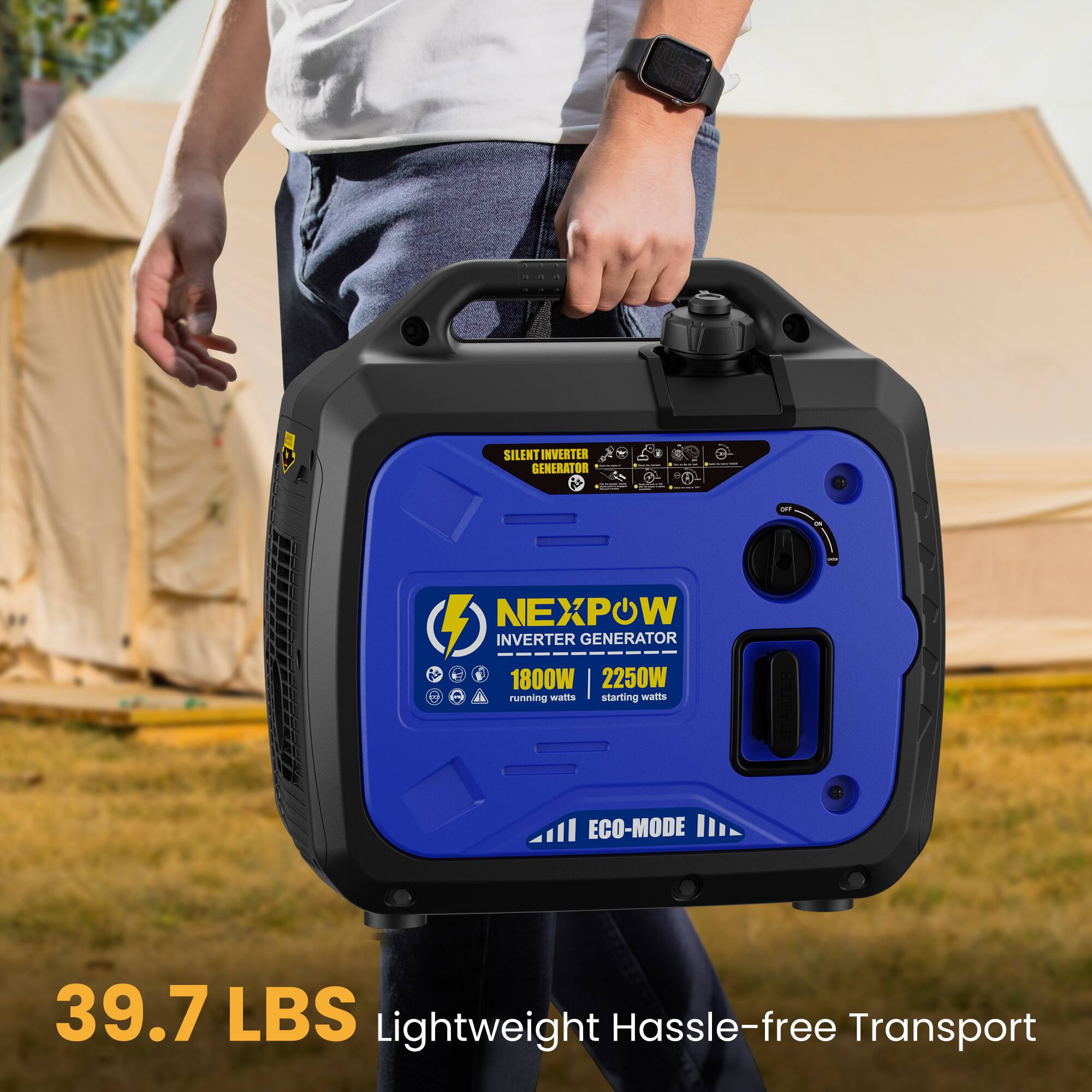 SILENT INVERTER GENERATOR  
NEXPOW INVERTER GENERATOR 1800W 2250W  
Running watts: 1800W  
Starting watts: 2250W  
ECO-MODE  
39.7 LBS Lightweight Hassle-free Transport