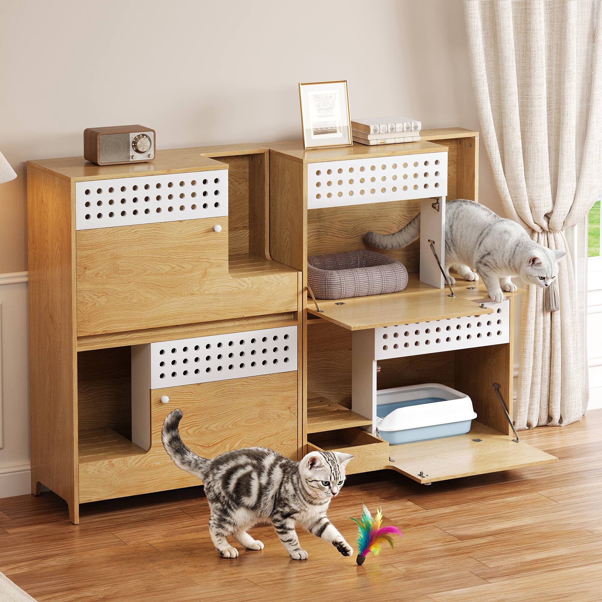 Front. Tiramisubest - 2-Piece Modern 2 IN 1 Cat Furniture Set,Cat Litter Box Enclosure Side Table,Cat House with Storage - Natural.