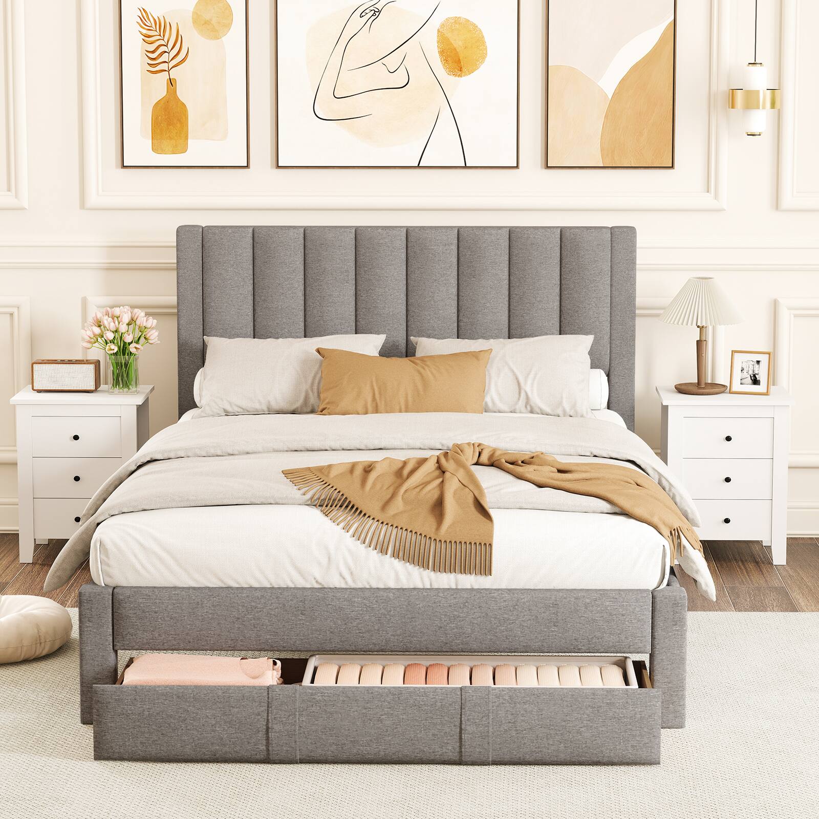 Alt View 1. Gymax - Gymax Queen Size Bed Frame w/Storage Drawer & Vertical Channel Headboard Light Gray - Gray.