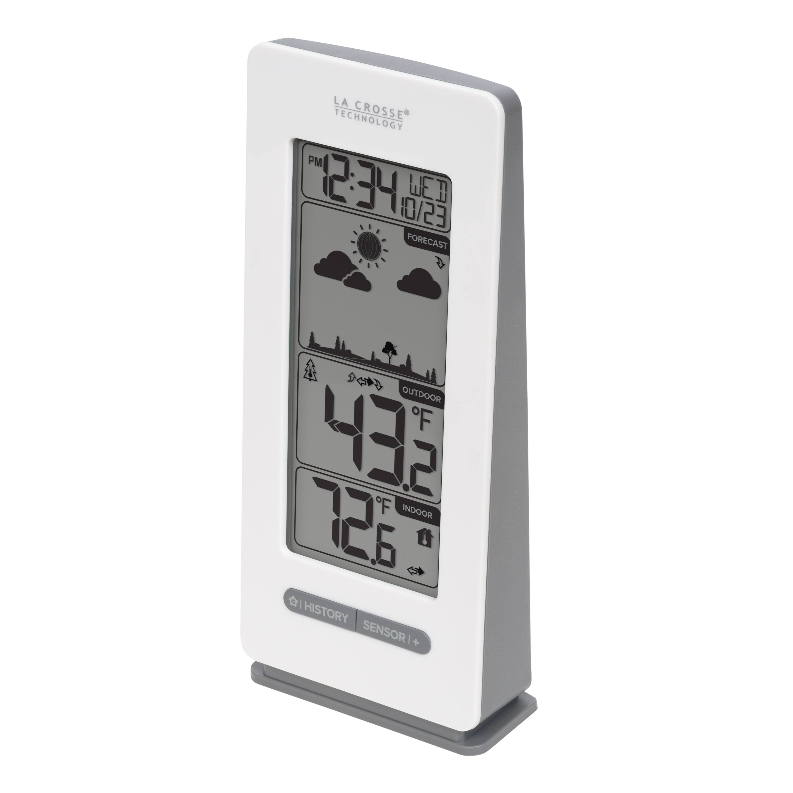LA TECHNOLOGY CROSSE PM 12:34 10/23 WED FORECAST  
OUTDOOR 43.2°F INDOOR 72.6°F  
HISTORY SENSORI+