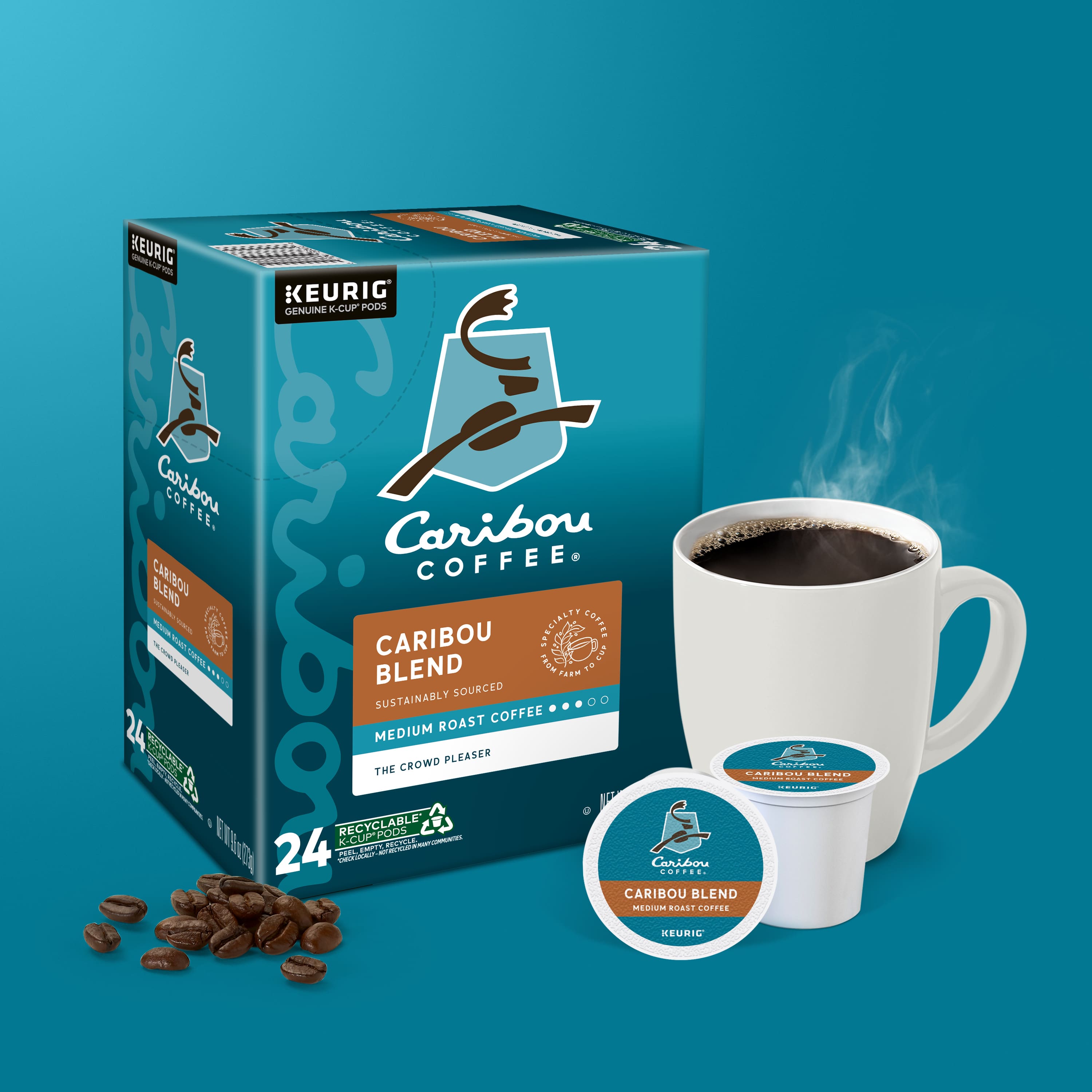 Caribou Coffee Caribou Blend Medium Roast Coffee 24 K-Cup Pods. The crowd pleaser. Sourced sustainably. Recyclable K-Cup Pods.
