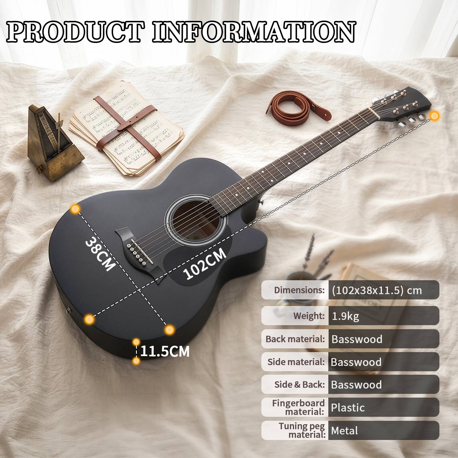 PRODUCT INFORMATION

Dimensions: (102x38x11.5) cm  
Weight: 1.9kg  
Back material: Basswood  
Side material: Basswood  
Side & Back: Basswood  
Fingerboard material: Plastic  
Tuning peg material: Metal
