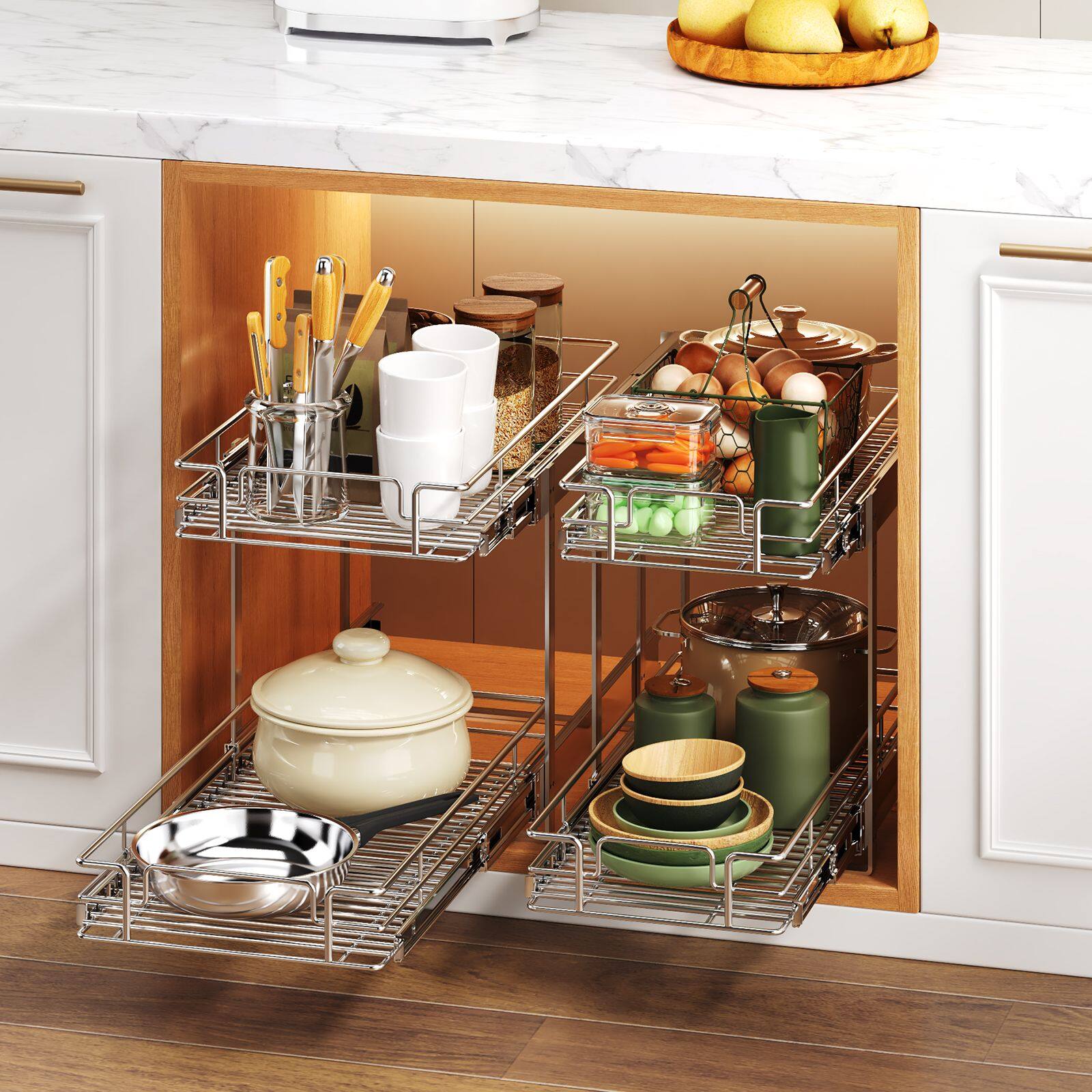 Alt View 5. LOVMOR - 2 Tier Individual Pull Out Cabinet Organizer 10.5in W x 18in D Slide Out Kitchen Cabinet Storage Sliding Shelves - Silver.