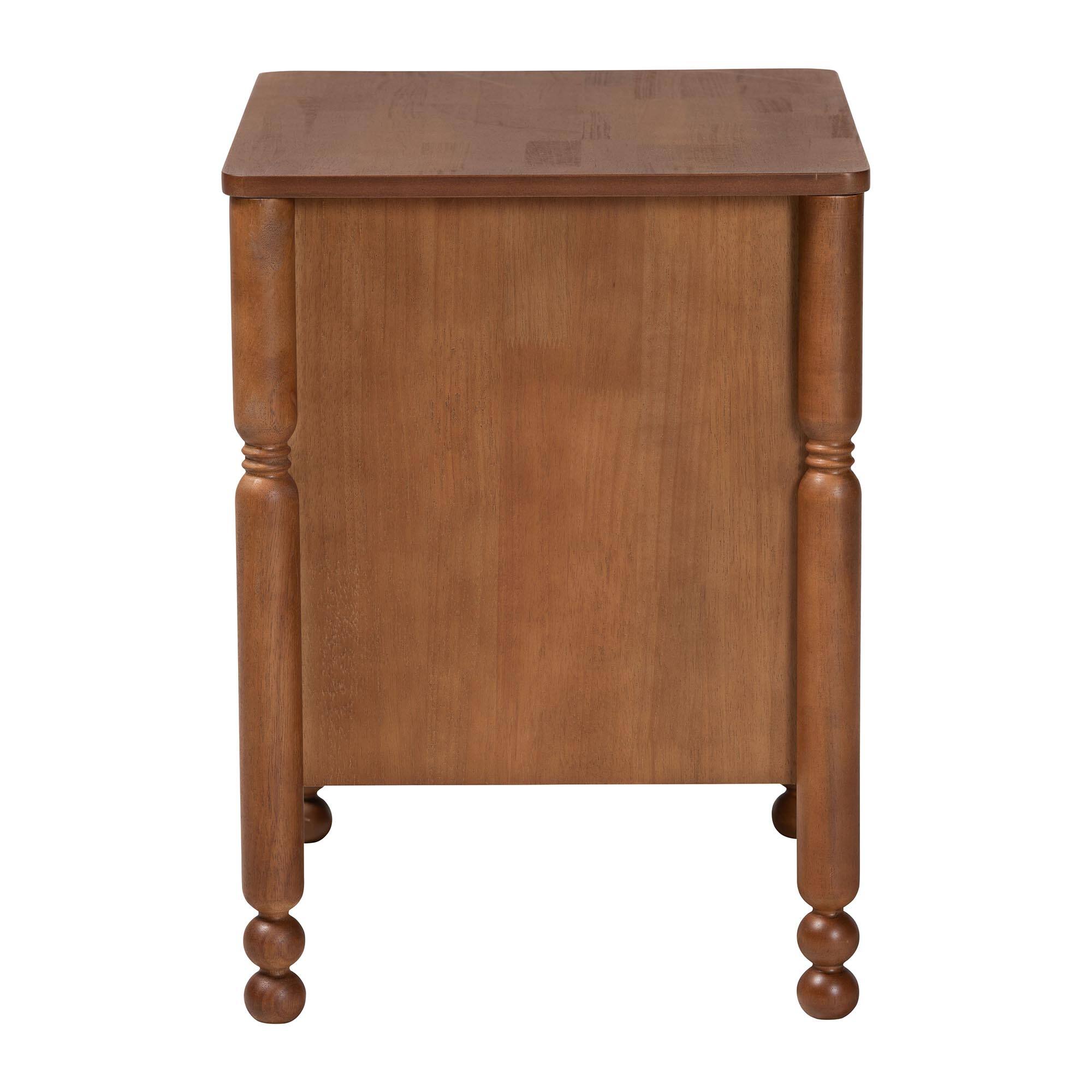 Back. Baxton Studio - Hoffman Nightstand - 2-Drawer Bedside Table with Scalloped Apron and Turned Legs for Bedroom - Walnut Brown.