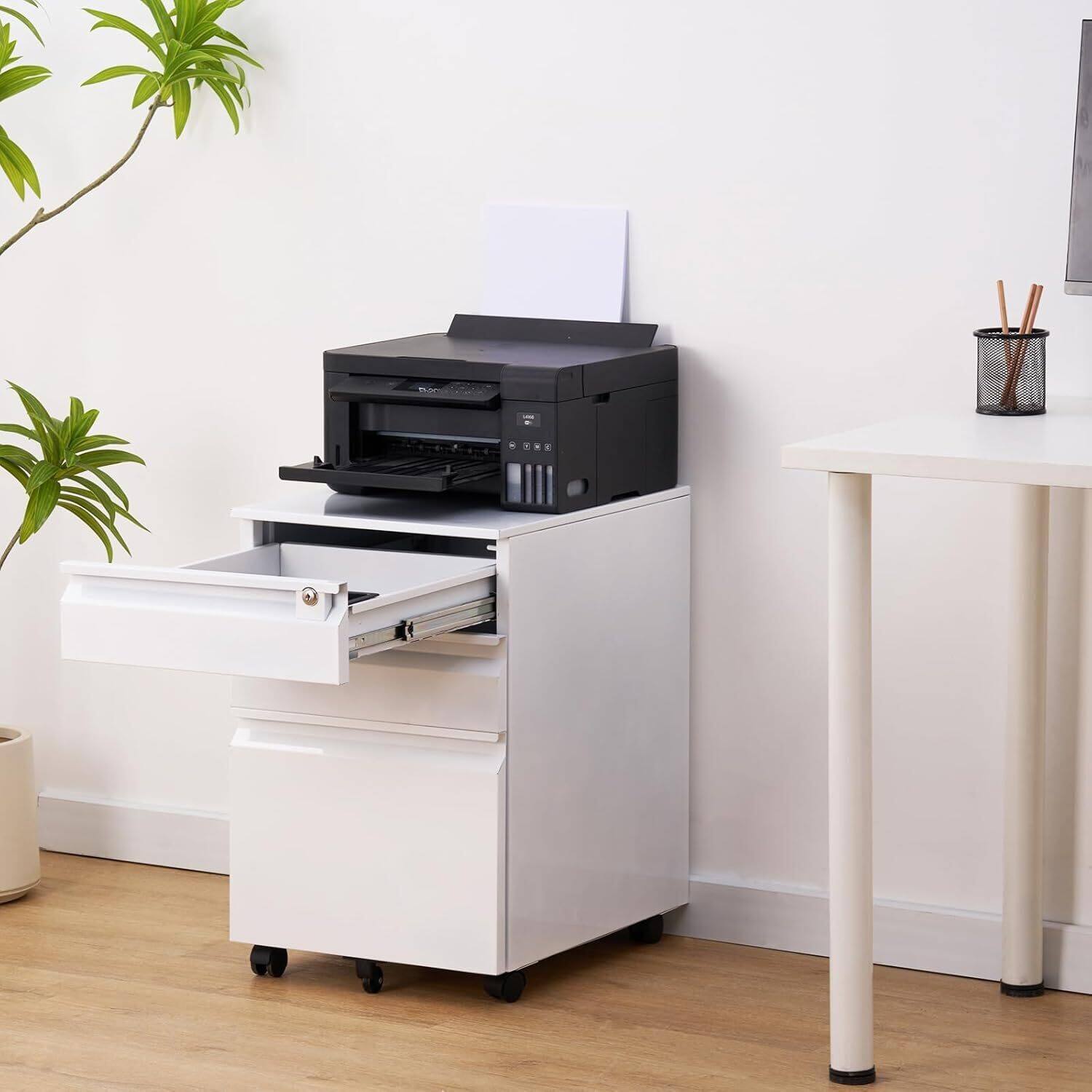 Angle. GARVEE - 3-Drawer Mobile File Cabinet With Lock - Under Desk Rolling Filing Storage - White.