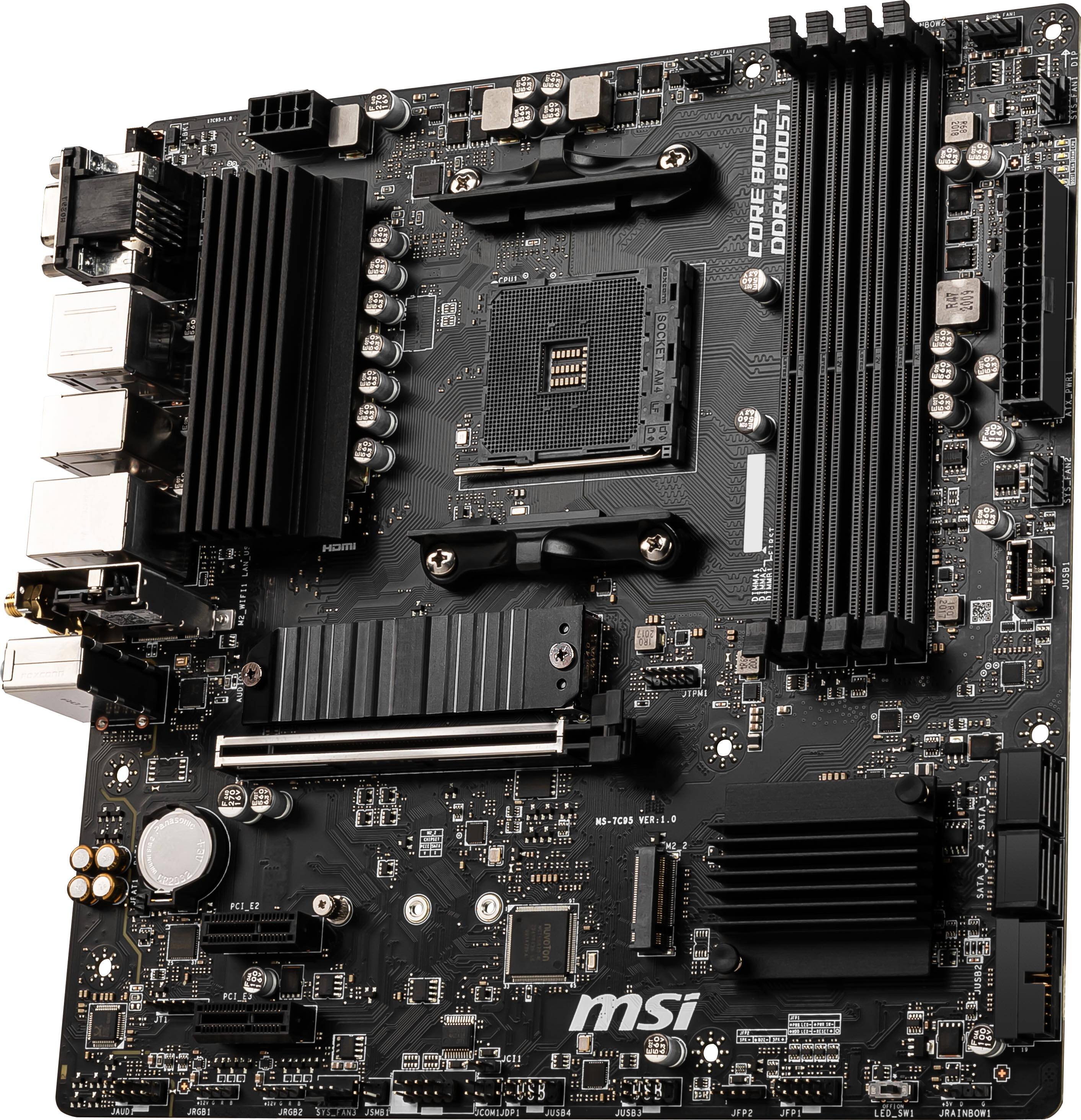 The text on the image reads: "MSI B350M PRO-VDH WIFI Mini ITX Motherboard with DDR4, USB 3.1, SATA 6Gb/s, HDMI, M.2, USB Type-C, LAN, and RGB LED."