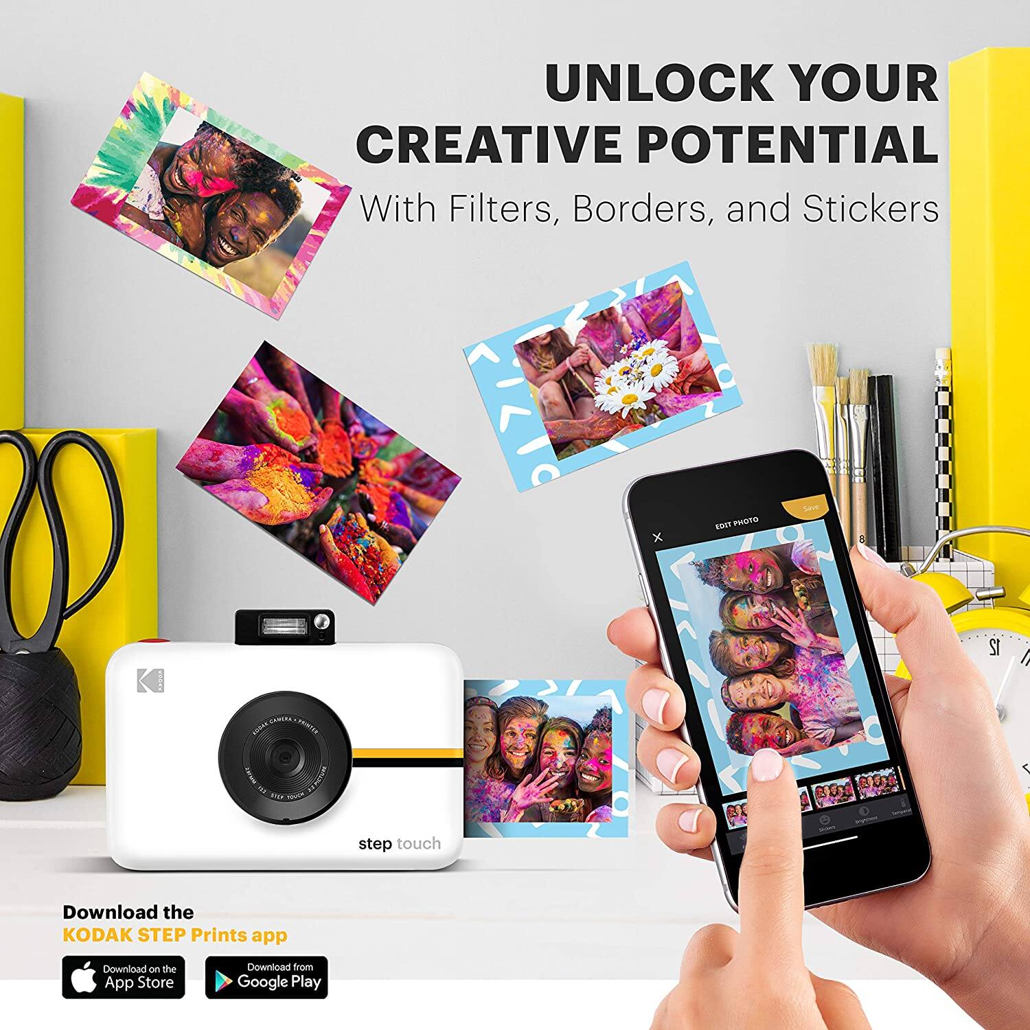 UNLOCK YOUR CREATIVE POTENTIAL  
With Filters, Borders, and Stickers  

Download the KODAK STEP Prints app  
Download on the App Store  
Download from Google Play