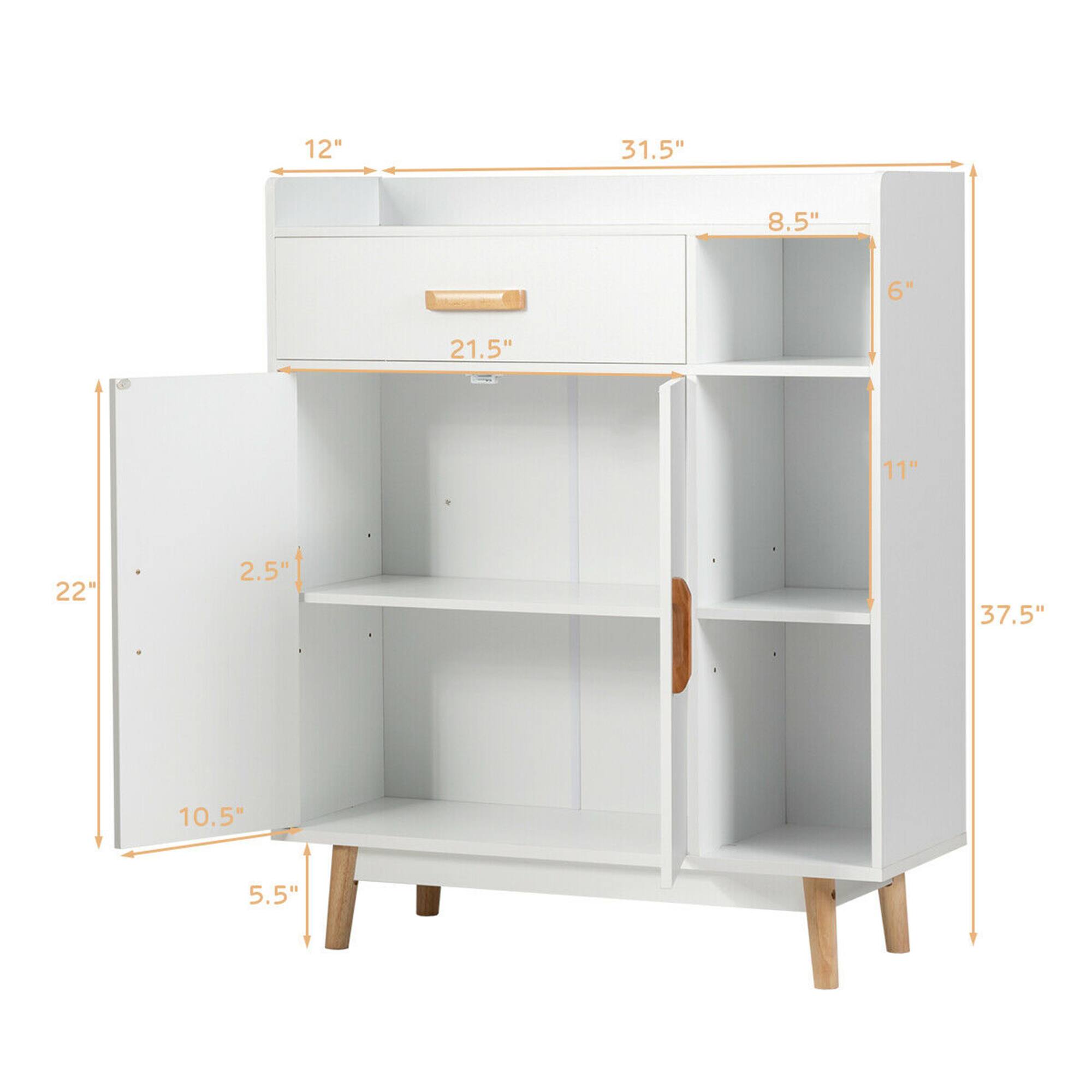 Width: 37.5", Height: 31.5", Depth: 22", Legs: 5.5", Top Drawer: 21.5", Middle Shelf: 11", Bottom Shelf: 10.5", Side: 12", Back: 8.5", Legs: 2.5"