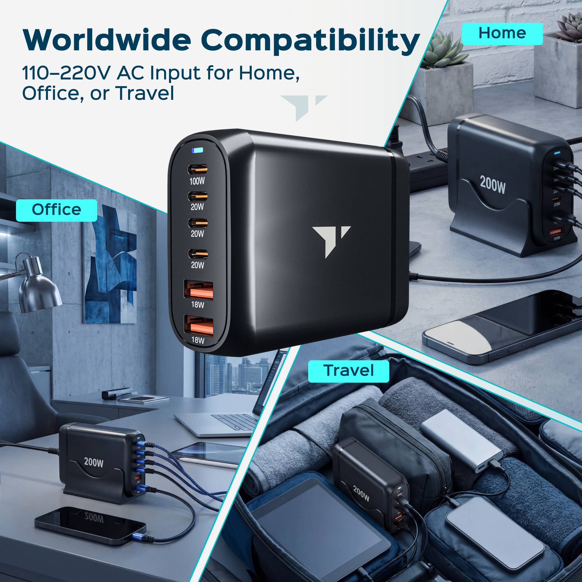 Worldwide Compatibility  
110-220V AC Input for Home, Office, or Travel  

Home  
Office  
Travel