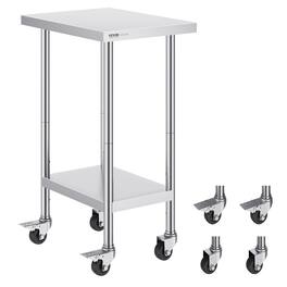 VEVOR - Stainless Steel Work Table 24 x 18 x 38 Inch, with 4 Wheels, 3 Adjustable Height Levels, Heavy Duty Food Prep Worktable - Silver