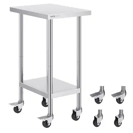 Front. VEVOR - Stainless Steel Work Table 24 x 18 x 38 Inch, with 4 Wheels, 3 Adjustable Height Levels, Heavy Duty Food Prep Worktable - Silver.