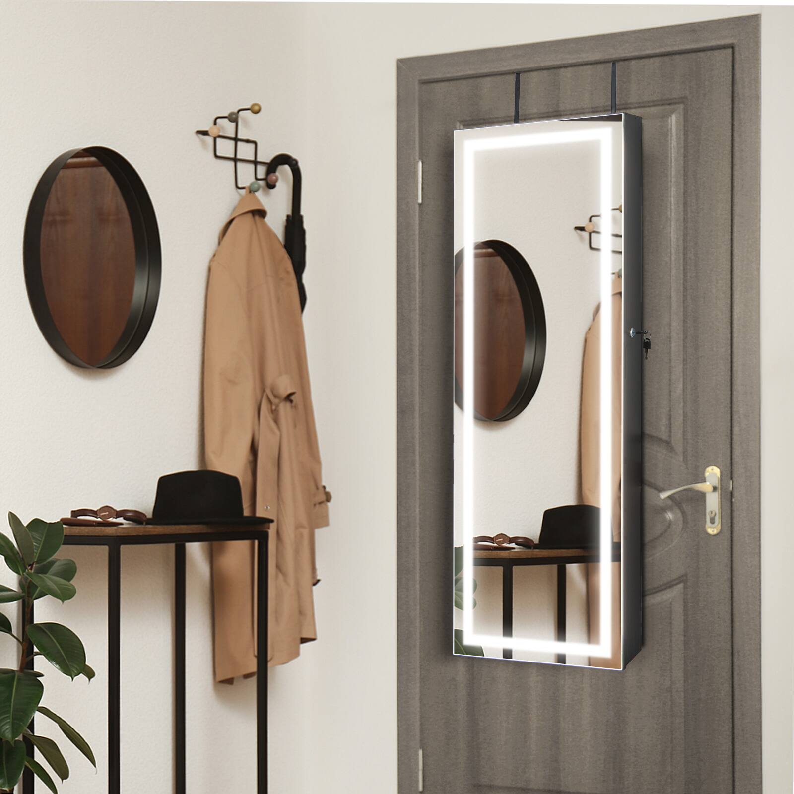 Alt View 11. Costway - LED Mirror Jewelry Cabinet Wall/Door Mounted  47" Armoire 3 Color Light Black - Black.