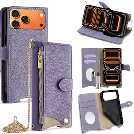 Dteck - Crossbody Wallet Case for Apple iPhone 17 Pro Max, Elegant Zipper PU Leather Folio Stand Cover, Built-in Mini Mirror - Purple