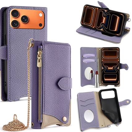 Front. Dteck - Crossbody Wallet Case for Apple iPhone 17 Pro Max, Elegant Zipper PU Leather Folio Stand Cover, Built-in Mini Mirror - Purple.