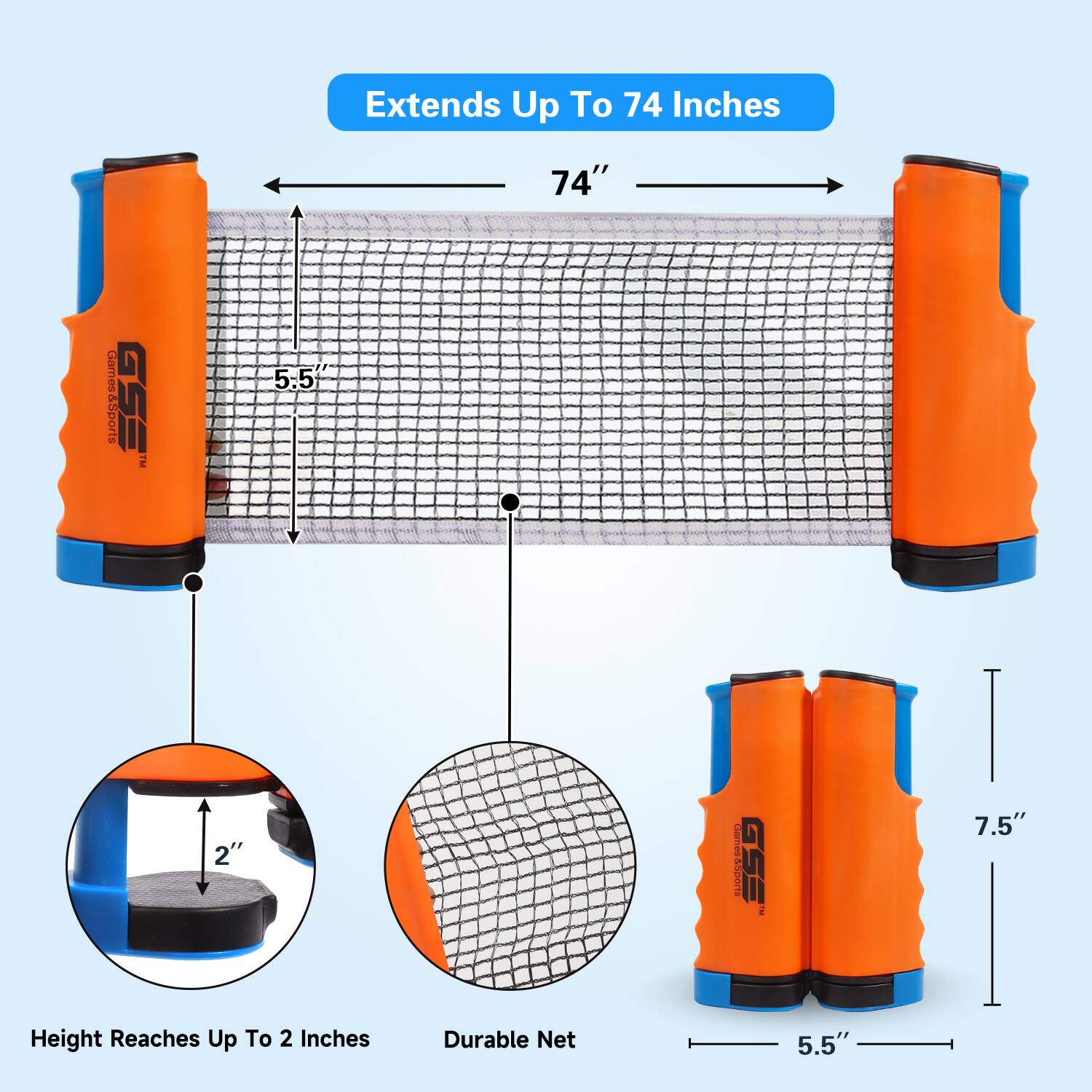 Extends Up To 74 Inches, Height Reaches Up To 2 Inches, Durable Net, 7.5", 5.5"