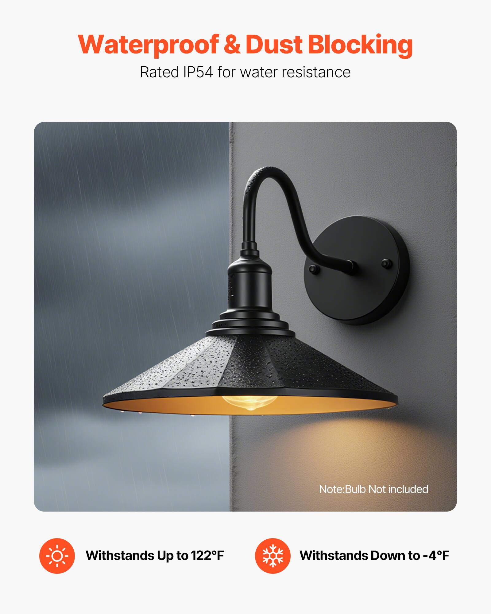 Waterproof & Dust Blocking  
Rated IP54 for water resistance  

Note: Bulb Not included  

Withstands Up to 122°F  
Withstands Down to -4°F