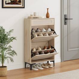 Babevy - Shoe Cabinet, Rattan Shoe Storage With 2 Flip Drawer and 1 Pull-Out Drawer, Heavy Duty Metal Leg, Adjustment Shelf - Oak