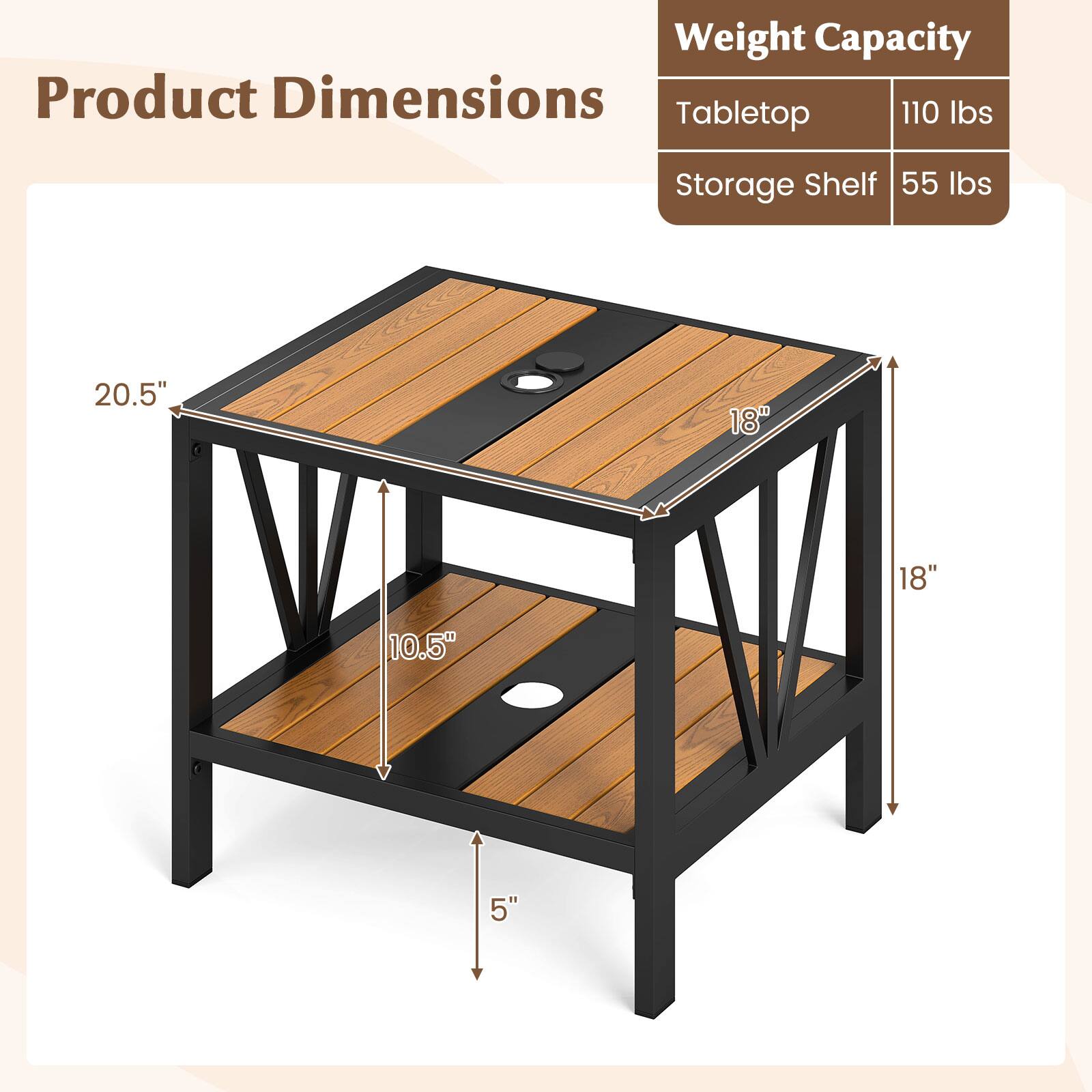 Product Dimensions  
Tabletop: 20.5" x 18"  
Storage Shelf: 18" x 10.5"  
Height: 5"  

Weight Capacity  
Tabletop: 110 lbs  
Storage Shelf: 55 lbs