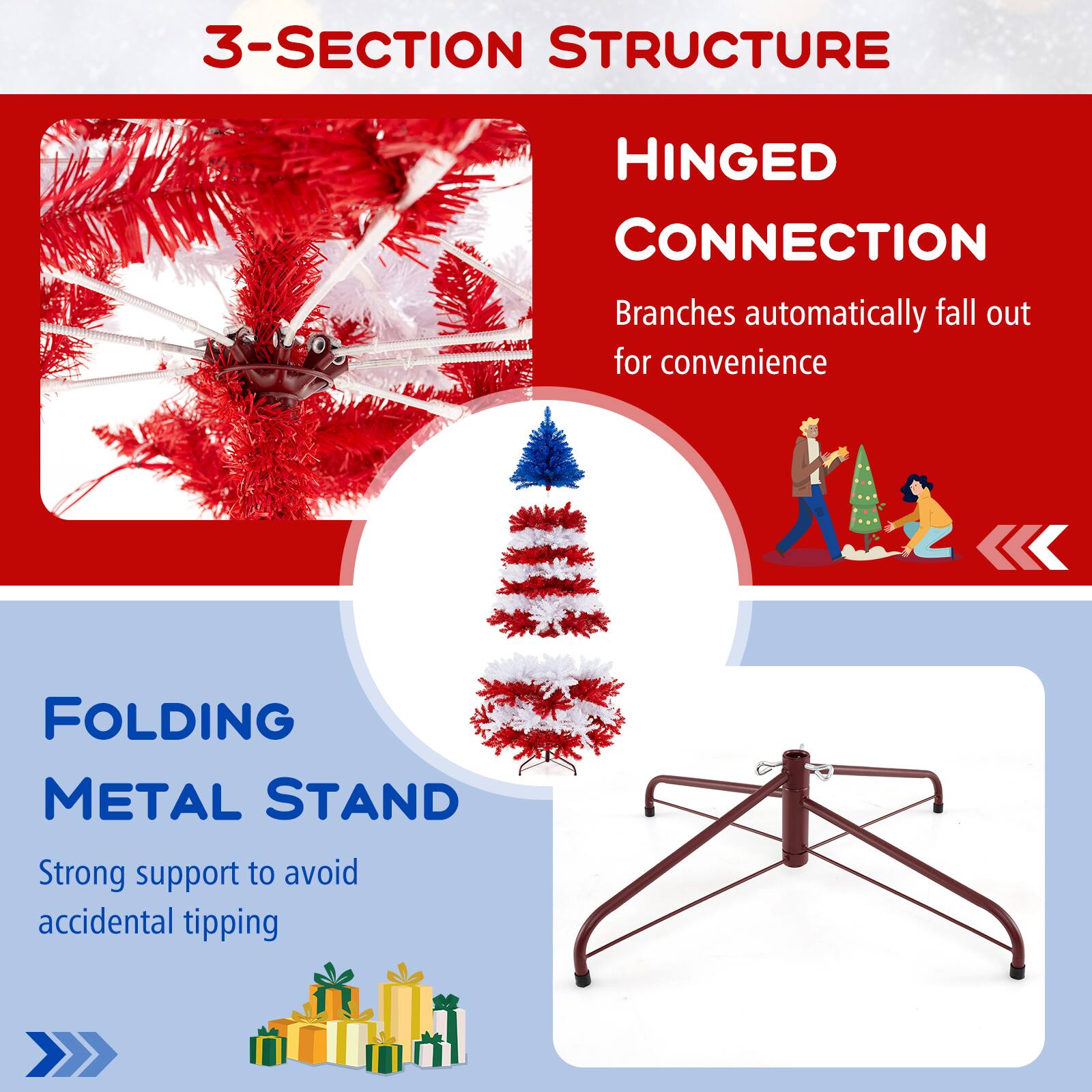 3-SECTION STRUCTURE HINGED CONNECTION: Branches automatically fall out for convenience. FOLDING METAL STAND: Strong support to avoid accidental tipping.