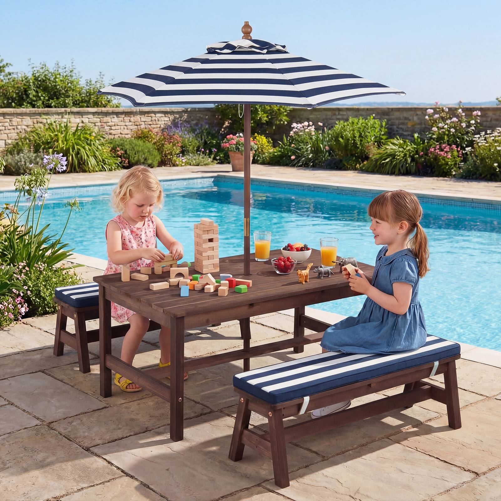 Alt View 1. Gymax - Gymax Kids Picnic Table Outdoor Wooden Table & Bench Set w/ Removable Umbrella - Blue.