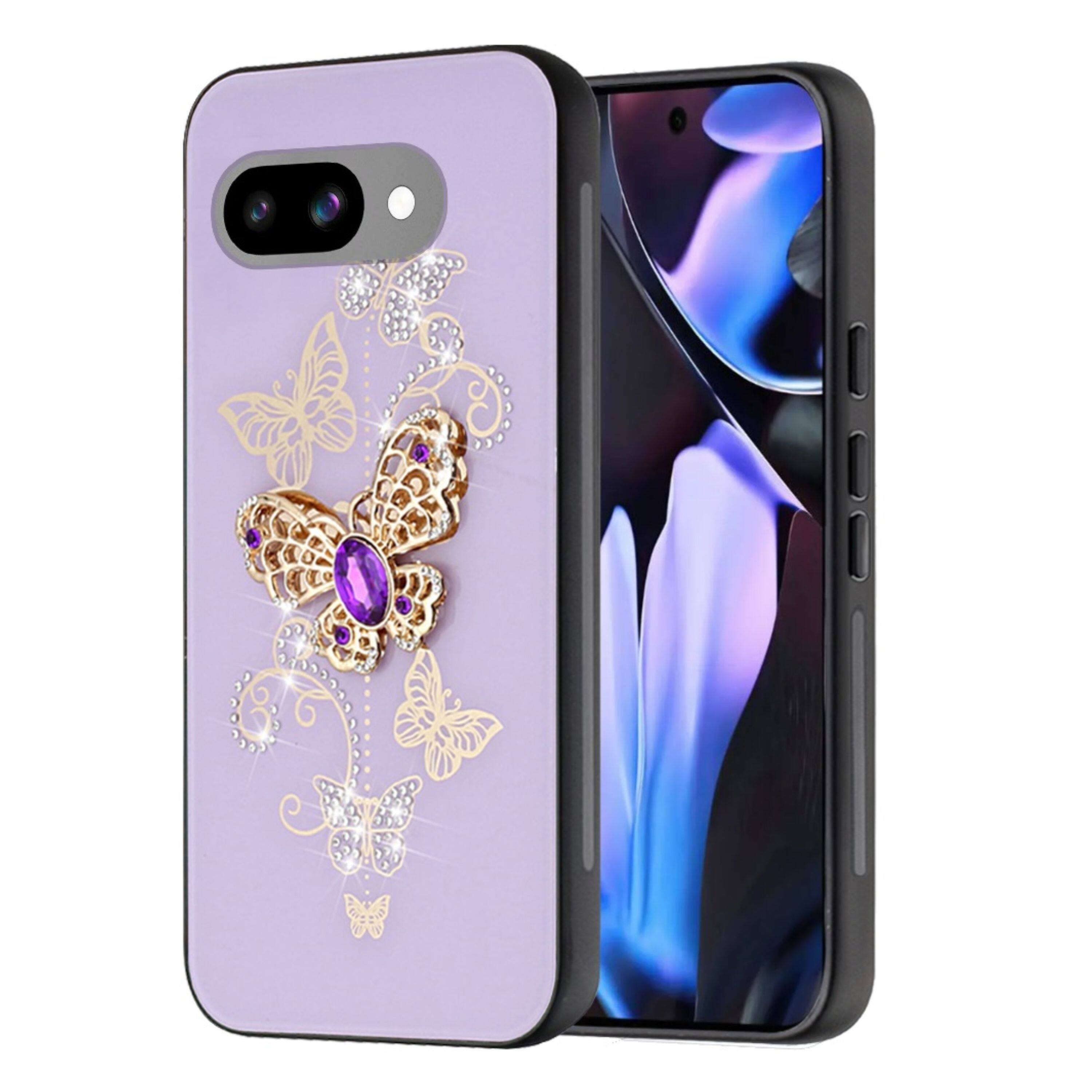 Angle. Kitcheniva - Butterfly Rhinestone Bling Glitter Design Phone Case With Tempered Glass For Google Pixel 9a Purple - Purple.