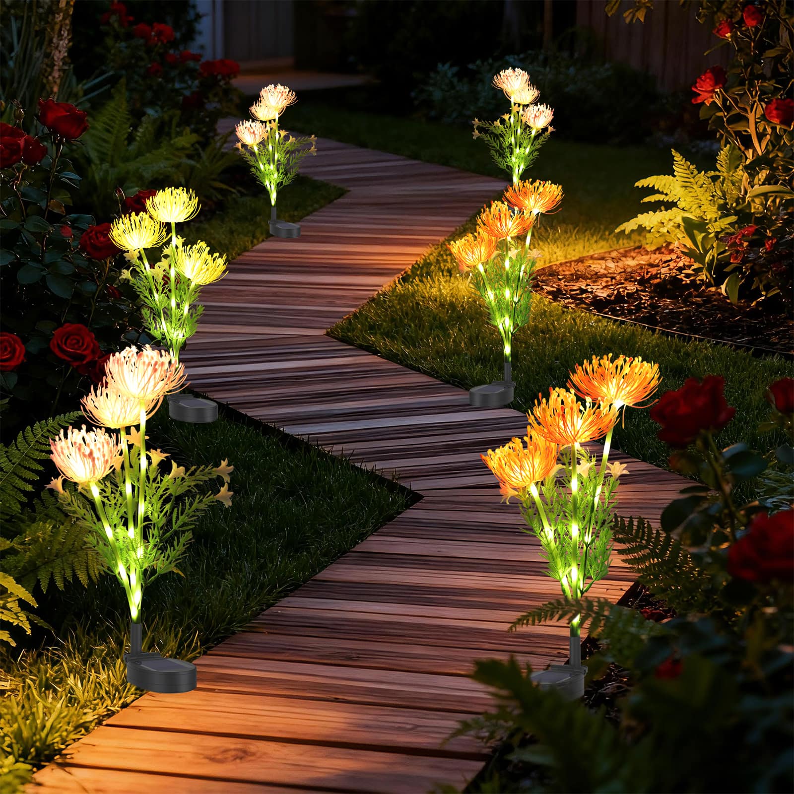Oumilen - 6PCS Solar-Powered Flower Stake Lights - Decorative Outdoor Garden Pathway Lights with Artificial Blooms