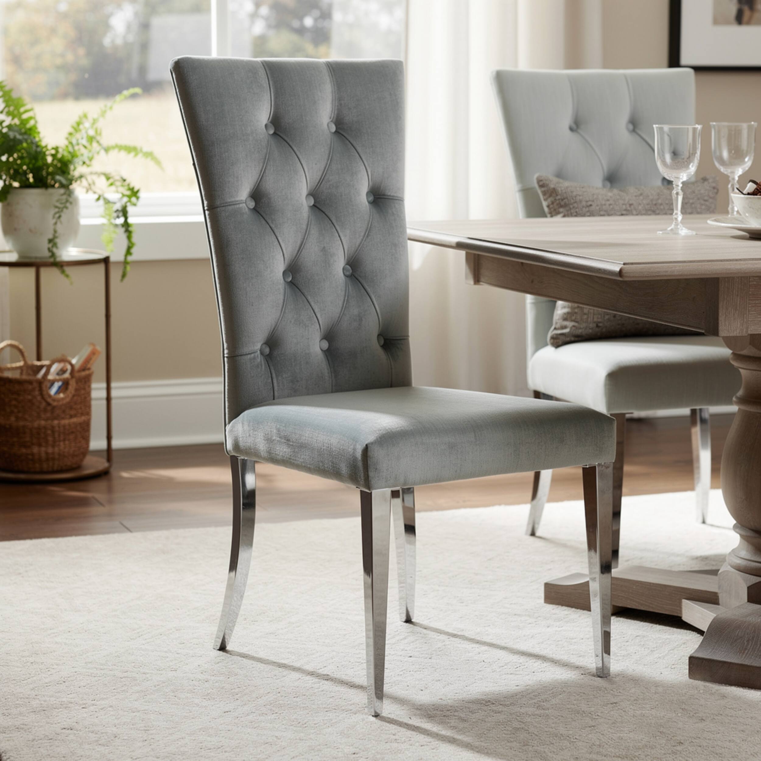 Alt View 2. Manhattan Lane - Kery 20 Inch Set of 2 Side Chairs, Gray Velvet, Tall Flared Tufted Back - Gray, Chrome.