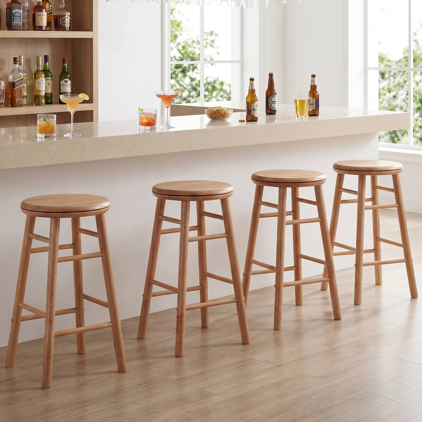 Alt View 5. Costway - Costway 24" Swivel Bar Stools Set of 4 with Backless Design, Footrests & Strong Crossbars - Natural.