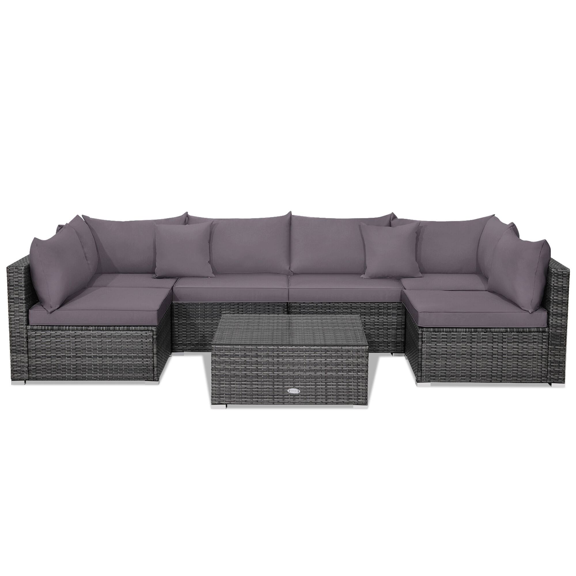 Alt View 1. Gymax - Gymax 7PCS Patio Rattan Sectional Sofa Set Outdoor Furniture Set w/ Grey Cushions - Grey.