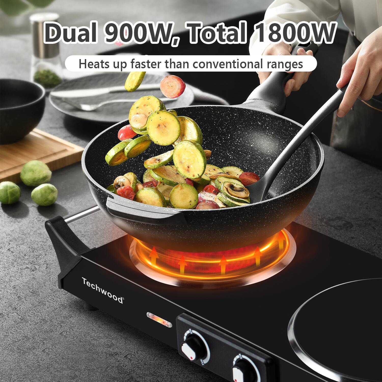 Dual 900W, Total 1800W  
Heats up faster than conventional ranges  
Techwood