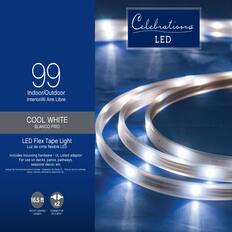 Celebrations LED 99 Indoor/Outdoor Interior/Al Aire Libre COOL WHITE BLANCO FRO LED Flex Tape Light Luz de cinta flexible LED Includes mounting hardware UL Listed adaptor For use on decks, patios, pathways, seasonal decor, etc incluye las herramientas para montaje - Adapitador de estado uL Para de use an cubiertas patios caminos decoración estacional, - 16.5 ft x2 6.5 FT LIGHTED CONNECT UP LENGTH TO 2 SETS