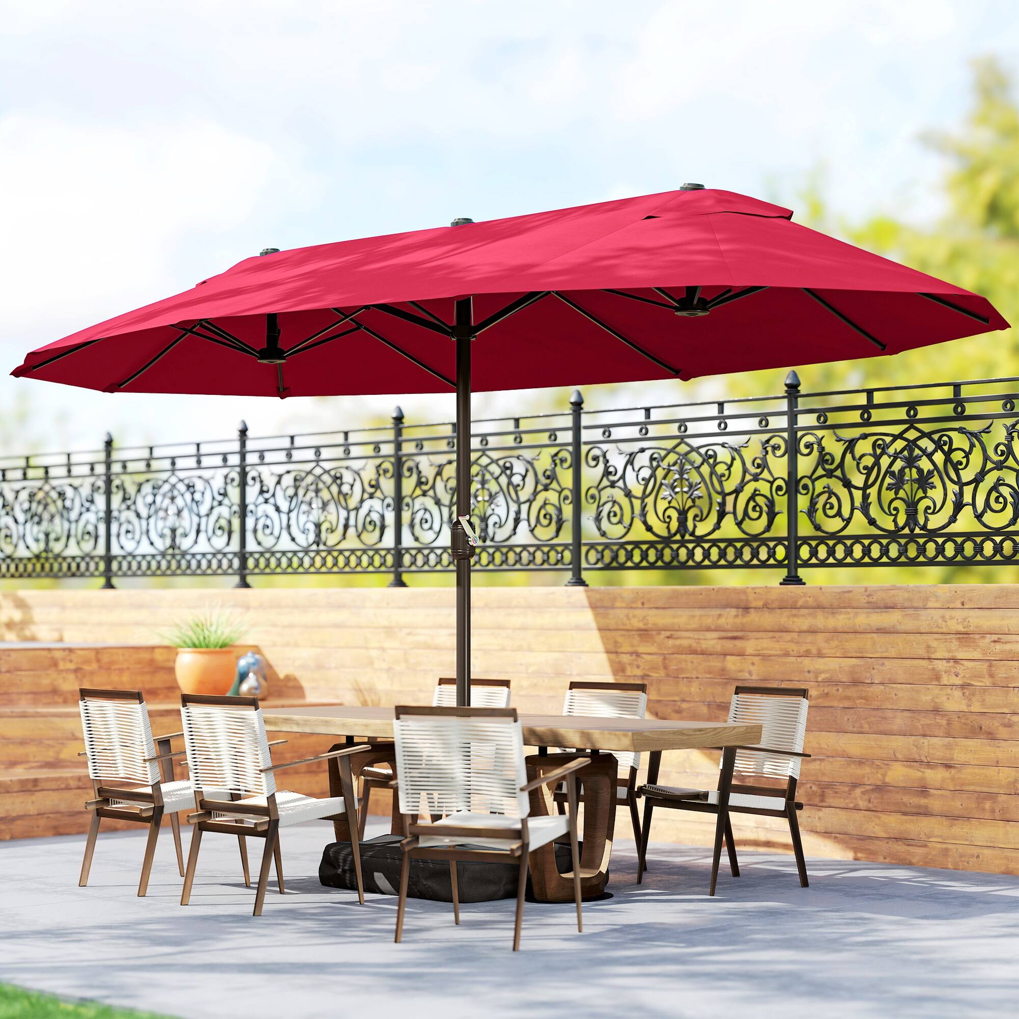 Alt View 1. Outsunny - Large Patio Umbrella with Base Included, 15' Steel Rectangular Double Sided Outdoor Umbrella - Wine Red.