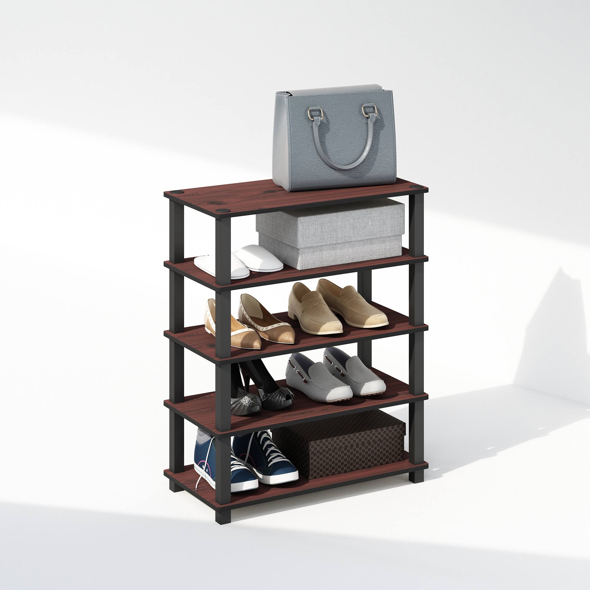 Alt View 3. Furinno - Turn-S-Tube 3-Tier Multipurpose Stackable Shoe Rack, Set of 2 - Dark Cherry/Black.