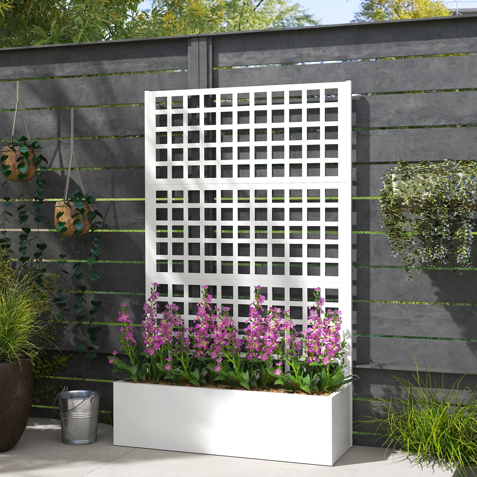 Alt View 7. Outsunny - Raised Garden Bed Planter Box with Trellis for Climbing Plants, Vegetable, Vines - White.