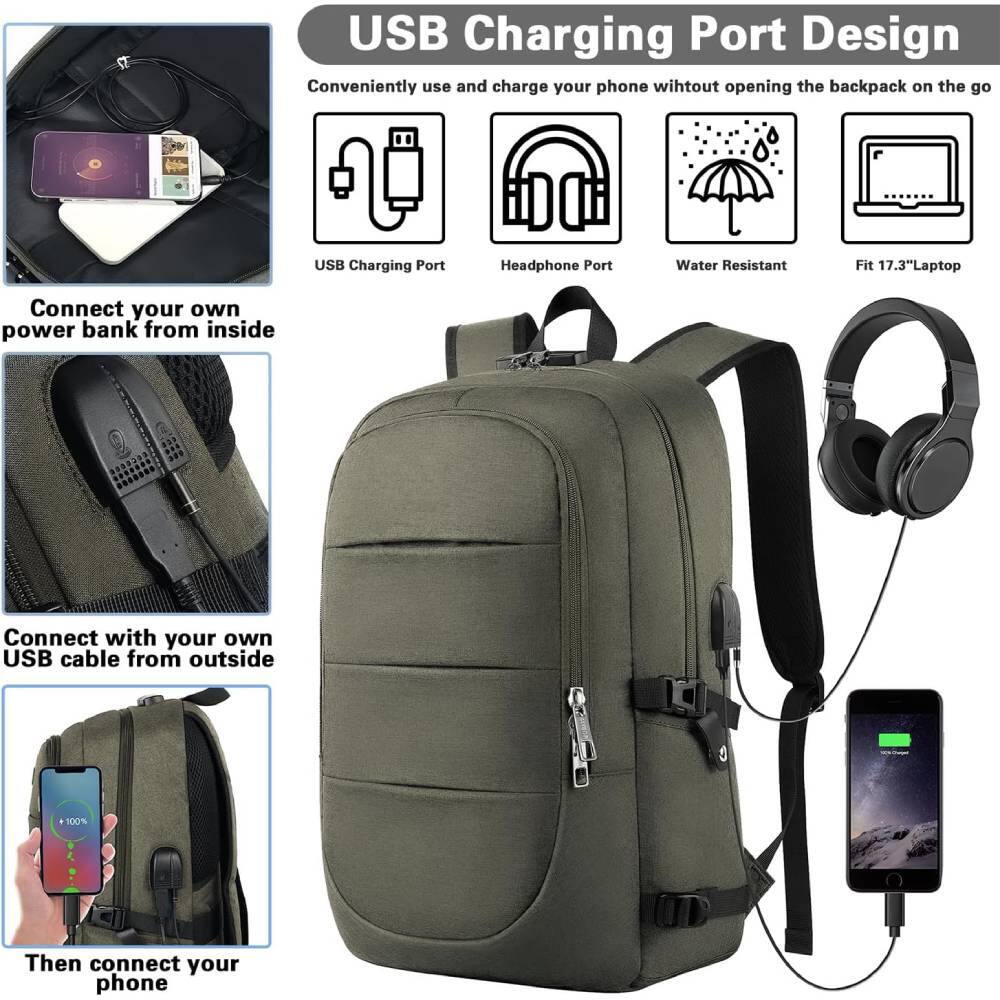 USB Charging Port Design  
Conveniently use and charge your phone without opening the backpack on the go  

USB Charging Port  
Headphone Port  
Water Resistant  
Fit 17.3" Laptop  

Connect your own power bank from inside  

Connect with your own USB cable from outside  

Then connect your phone