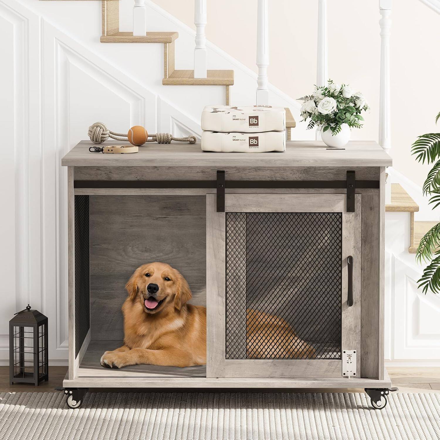 Alt View 3. Acekool - Dog Crate Furniture with Flip Top, 37" Dog Cage Furniture with Sliding Barn Door, Wheels, Removable Divider, Grey.