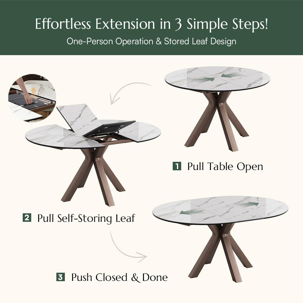Effortless Extension in 3 Simple Steps!  
One-Person Operation & Stored Leaf Design  

1. Pull Table Open  
2. Pull Self-Storing Leaf  
3. Push Closed & Done