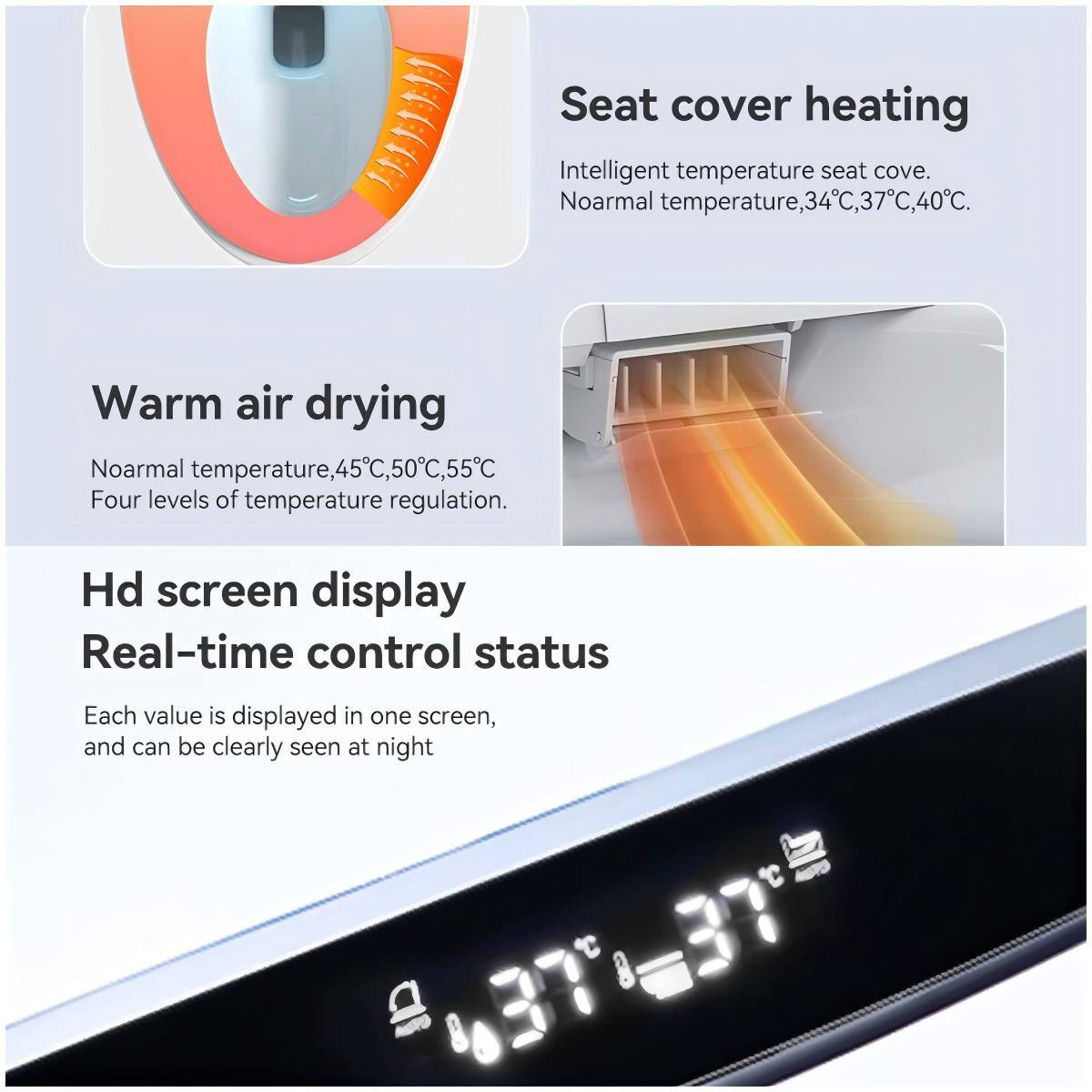 Seat cover heating  
Intelligent temperature seat cover.  
Normal temperature: 34°C, 37°C, 40°C.

Warm air drying  
Normal temperature: 45°C, 50°C, 55°C  
Four levels of temperature regulation.

Hd screen display  
Real-time control status  
Each value is displayed in one screen, and can be clearly seen at night.