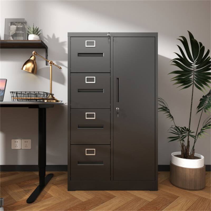 Back. HTUTWOO - Metal Storage Vertical Filing Cabinet with Lock – File Locker with 4 Drawers and 1 Door for School, Living Room, Office - Black.