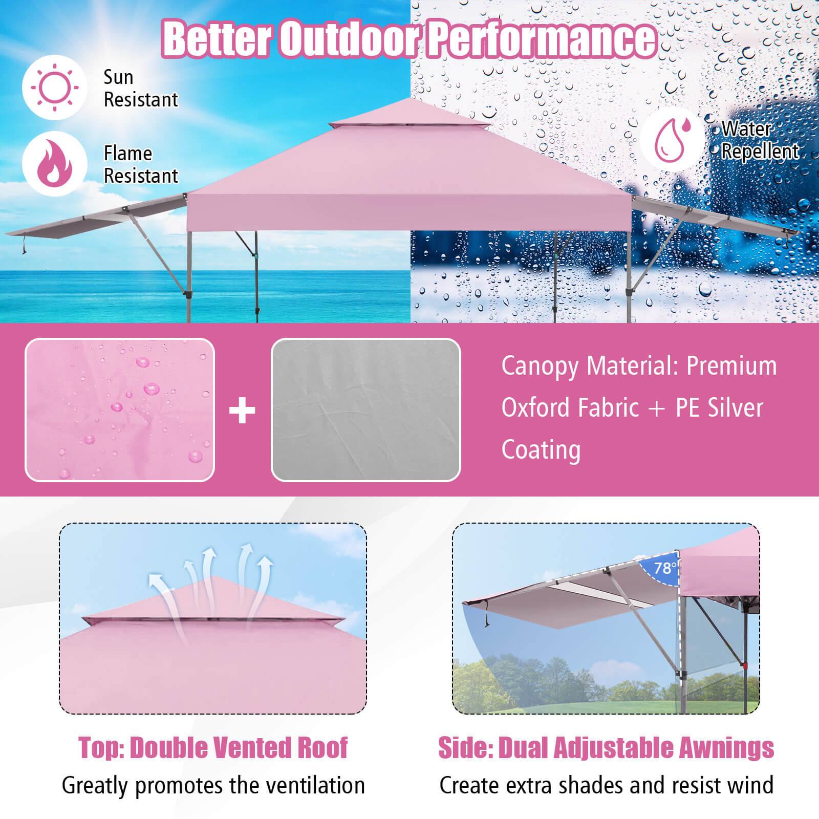 Better Outdoor Performance
Sun Resistant
Water Flame Repellent Resistant
Canopy Material: Premium Oxford Fabric + PE Silver Coating
Top: Double Vented Roof
Greatly promotes the ventilation
Side: Dual Adjustable Awnings
Create extra shades and resist wind