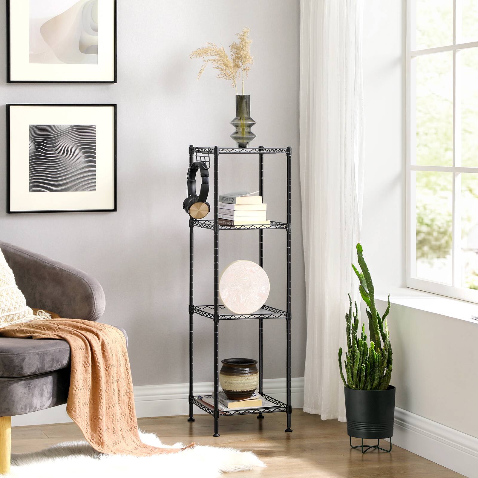 Left. Songmics Home - 4-Tier Bathroom Shelf, Storage Rack for Small Space, with 4 PP Shelf Liners, Removable Hook, Extendable Design - Ink Black and Translucent.