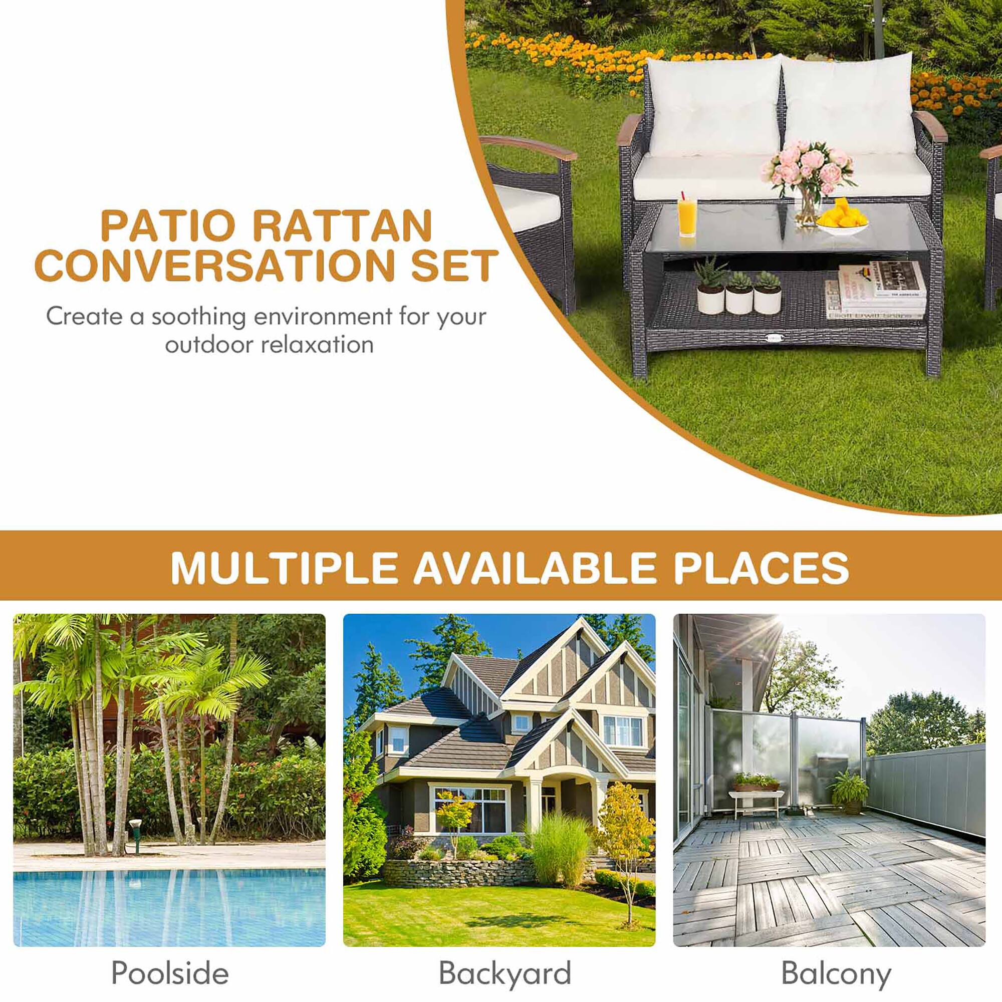 PATIO RATTAN CONVERSATION SET  
Create a soothing environment for your outdoor relaxation  

MULTIPLE AVAILABLE PLACES  
Poolside  
Backyard  
Balcony