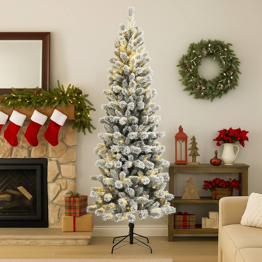 Front. BreeBe - Flocked Artificial Tree with 9 Light Modes – 5/6/7.5/8ft Pre-Lit Design - White.