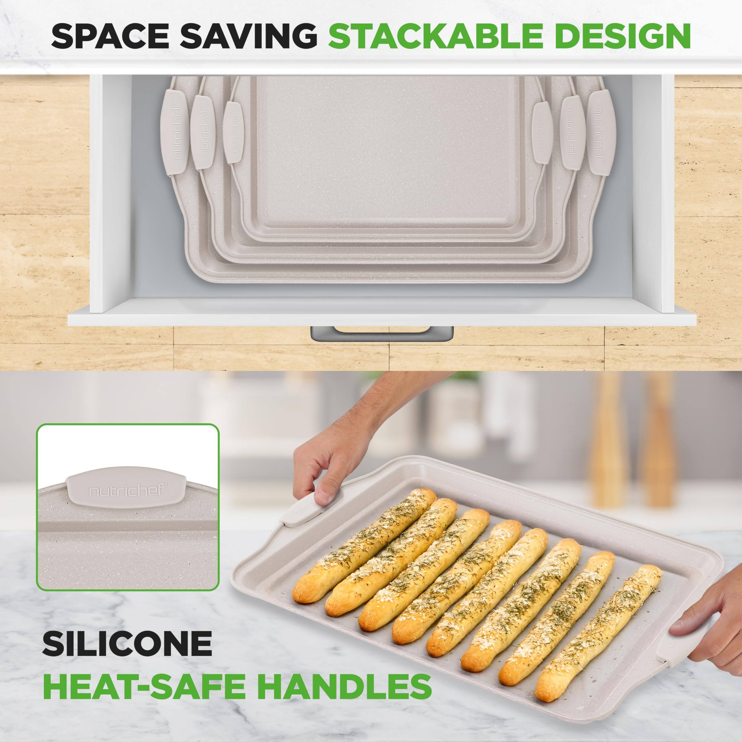 SPACE SAVING STACKABLE DESIGN

SILICONE HEAT-SAFE HANDLES