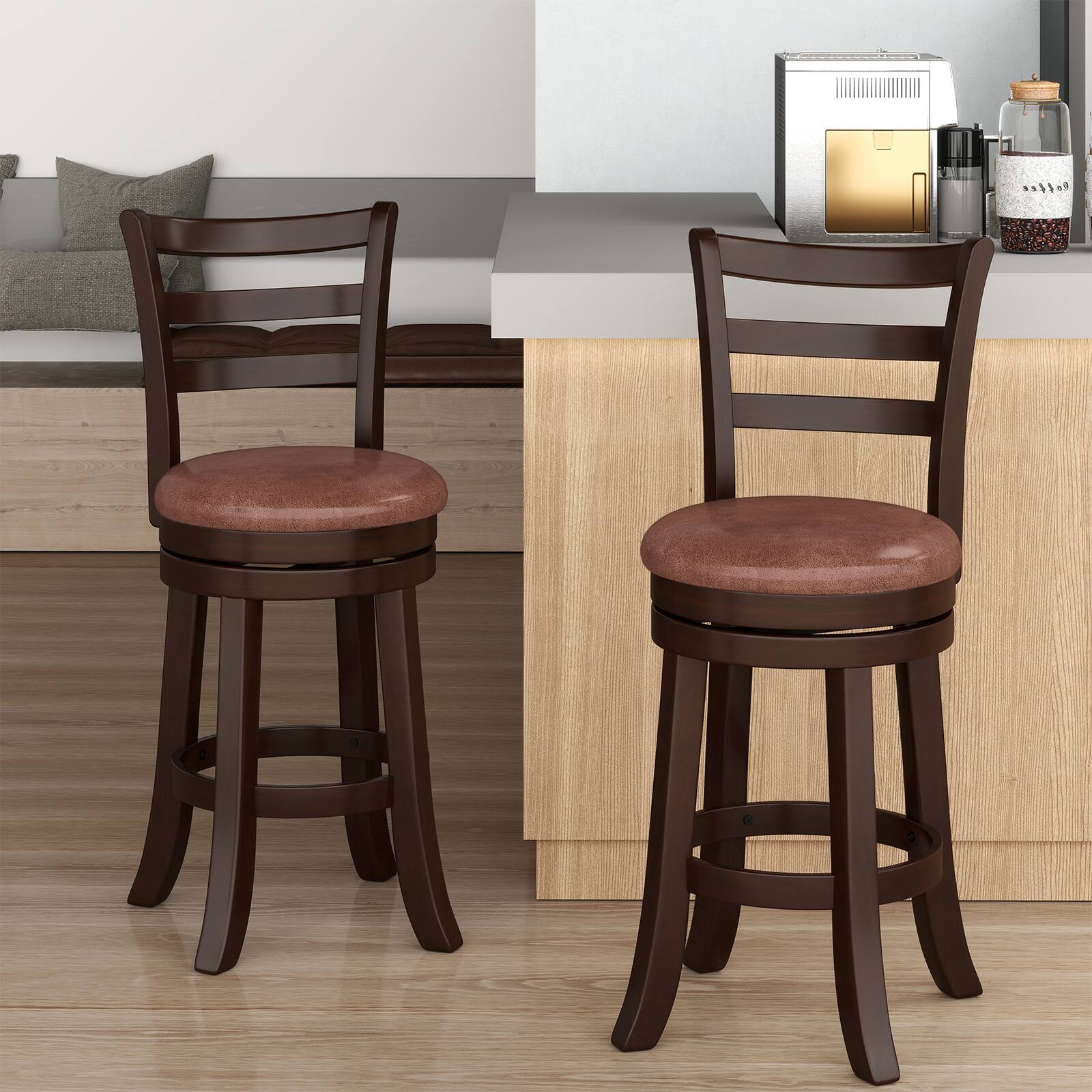 Alt View 1. Costway - Costway 26" Counter Height Swivel Barstools Set of 2 with Back, Faux Leather Seat for Pub - Cappuccino.