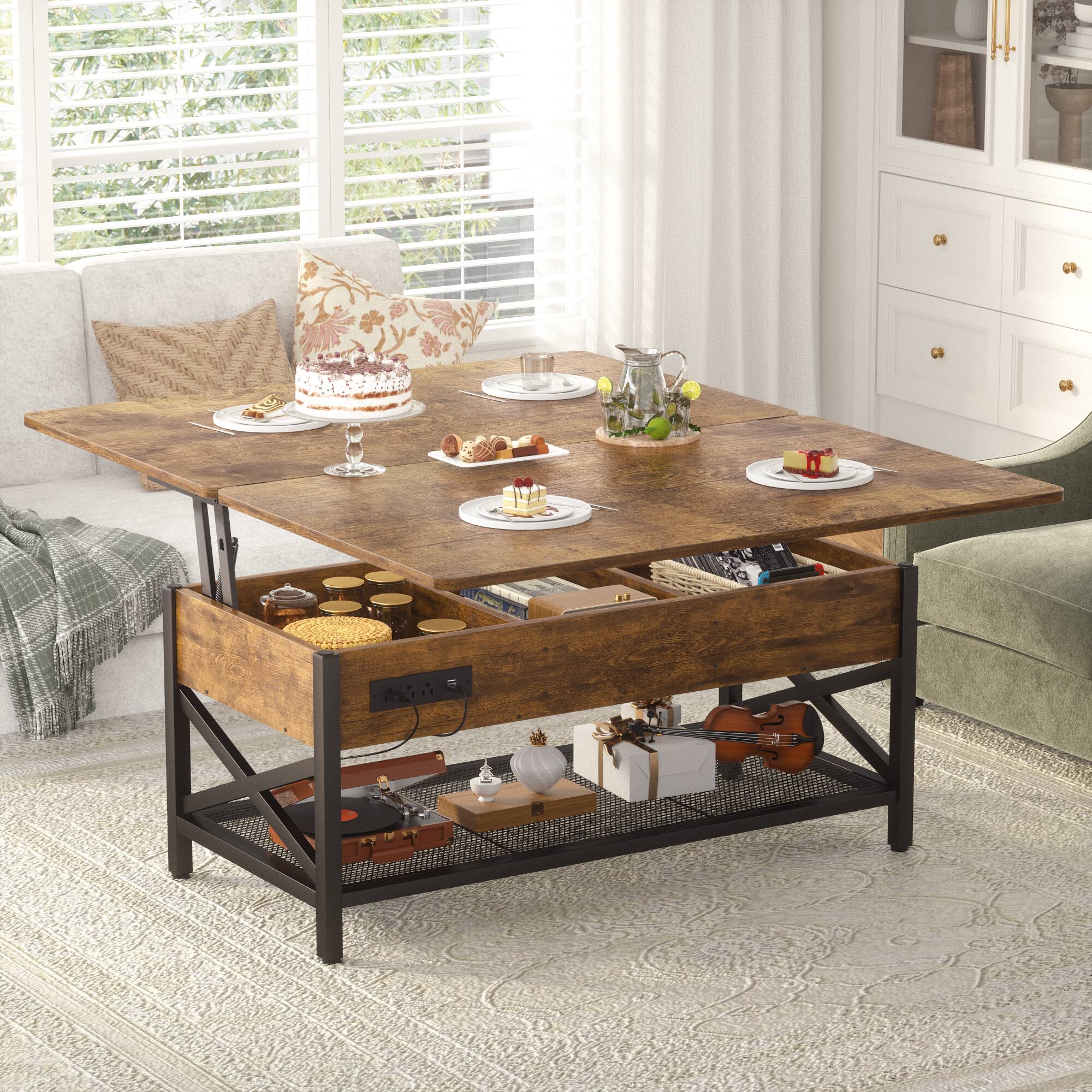 Back. Aheaplus - Convertible Lift Top Coffee Table: LED Lights & Power Outlet, Multi-Function Center Table for Living Room - Rustic Brown.