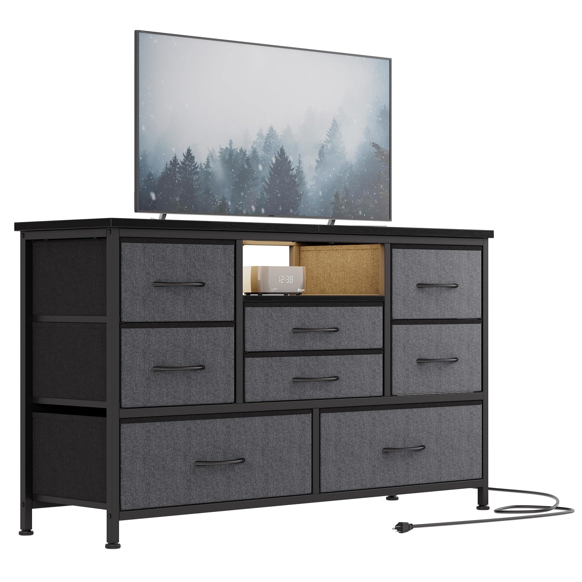 Acekool - 8 Drawer Dresser TV Stand for 55" TV, Long Bedroom Dresser with Power Outlets & Adjustable LED Lights - Gray